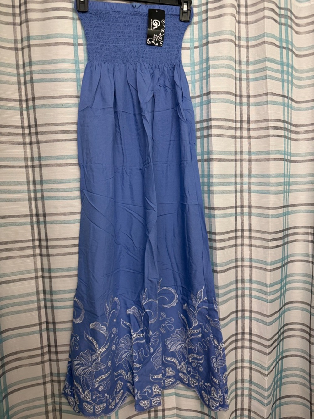 Smocked Waist Blue Maxi Skirt with Embroidered Hem